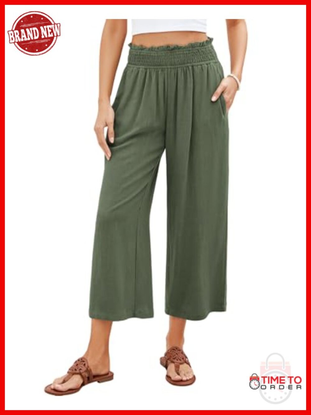 High Waisted Wide Leg Linen Capri Pants with Pockets